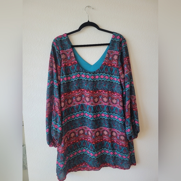 Charming Charlie Vibrant Patterned Long Sleeve Dress Cold Shoulder - Picture 5 of 5